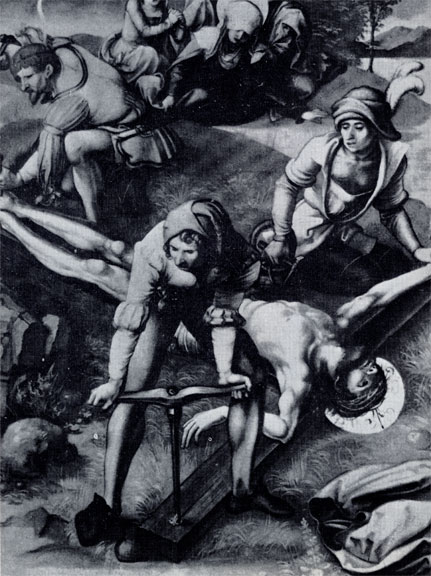Пригвождение к кресту. Картина из цикла 'Семь страстен Марии'. 1495. Дрезден, Картинная галерея.