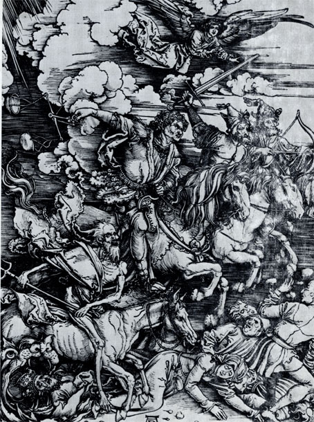 Четыре всадника. Гравюра на дереве. Из цикла 'Апокалипсис'. 1498