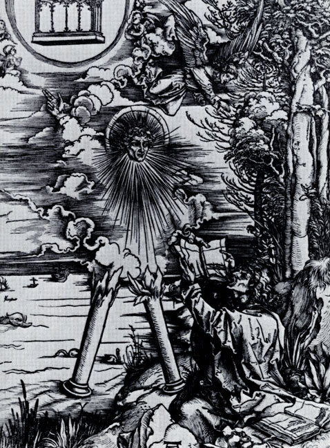 Иоанн глотает книгу. Гравюра на дереве. Из цикла 'Апокалипсис'. 1498