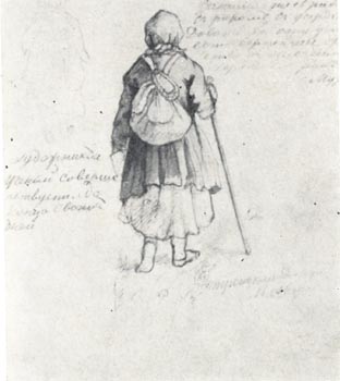 Крестьянка с котомкой за  спиной. Карандаш. 1852-1855. ГРМ