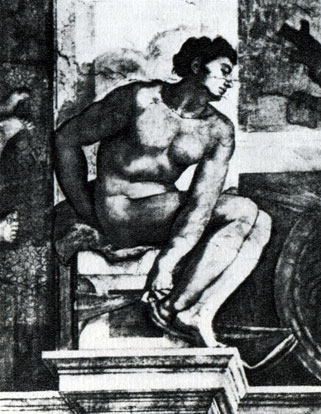 Роспись свода Сикстинской капеллы. Фигура обнаженного юноши возле композиции 'Сотворение Евы'